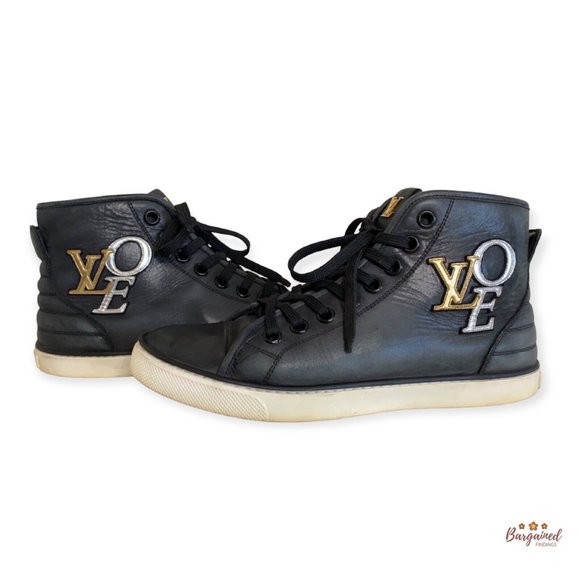 Authentic Louis Vuitton Black Calfskin Punchy Love Patch High Top Sneakers 37/7 - Picture 1 of 15